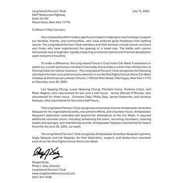 Long Island Fencers Club, Cancer Carwash, June 2025, No One Fights Alone, Community Service, 501c3