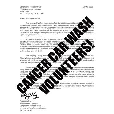 Long Island Fencers Club, Cancer Carwash, June 2025, No One Fights Alone, Community Service, 501c3