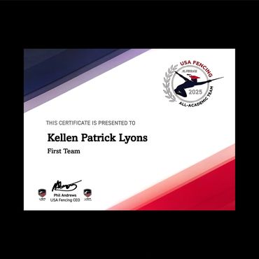 Kellen Patrick Lyons, USA Fencing, All-Academic American First Team, Long Island Fencers Club