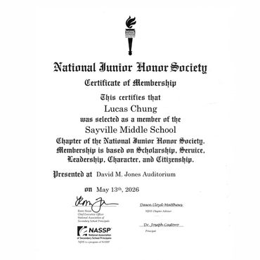 Lucas Chung, Junior National Honor Society, Sayville, Middle School, Long Island Fencers Club