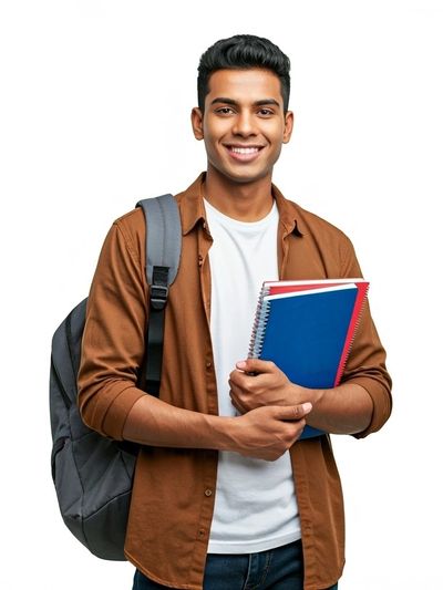 A young man stands against a white background, holding notebooks and wearing a backpack, representin