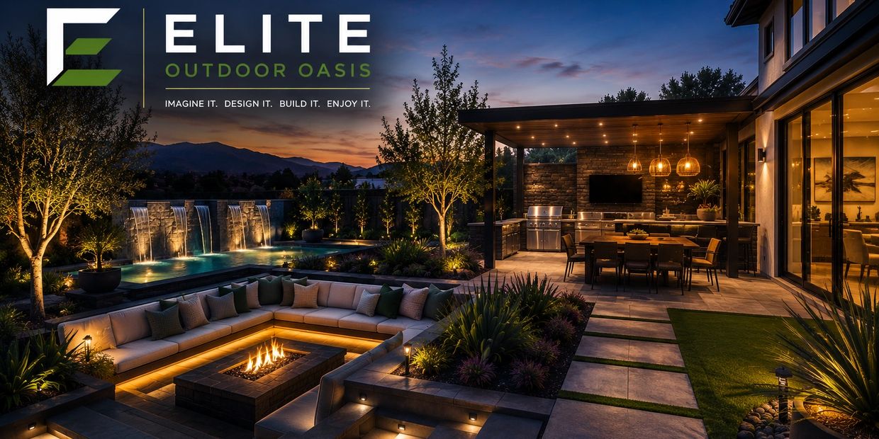 Luxurious outdoor living space with fire pit and waterfall.