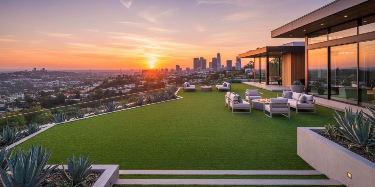 Modern house with a sprawling lawn overlooking city at sunset.
