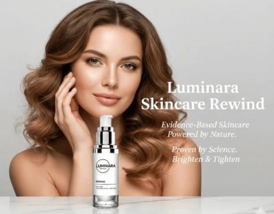Woman with glowing skin promoting Luminara Skincare Rewind serum.