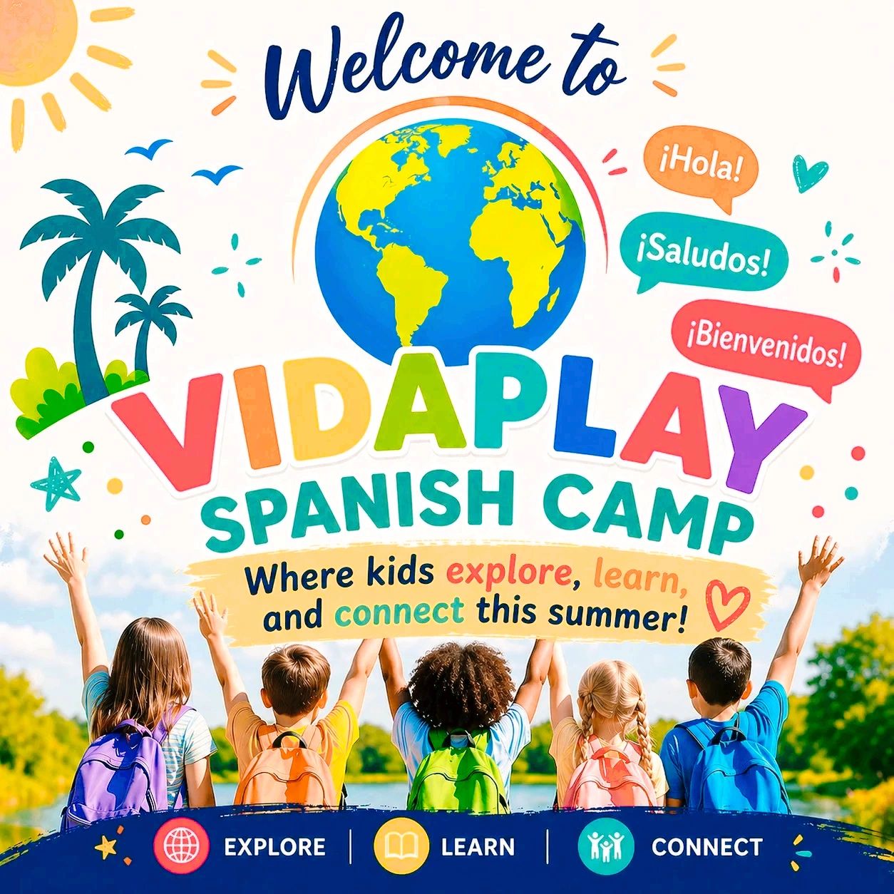 Colorful welcome poster for VidaPlay Spanish Camp with kids raising hands outdoors.
