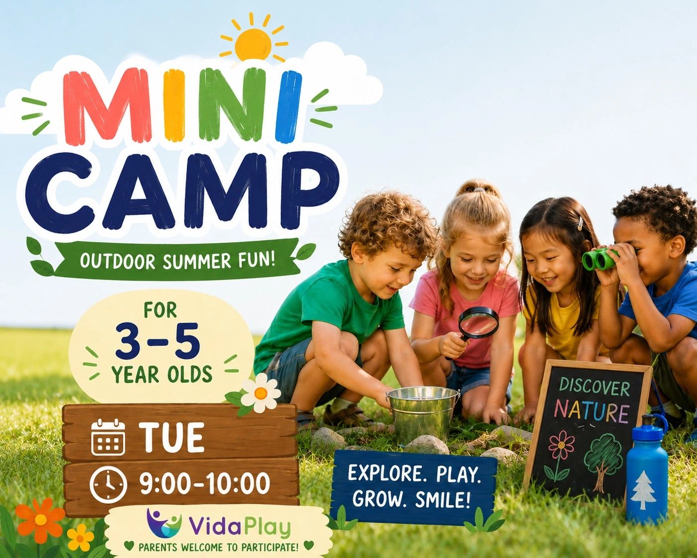 Kids enjoying an outdoor mini camp focused on nature exploration for ages 3-5.