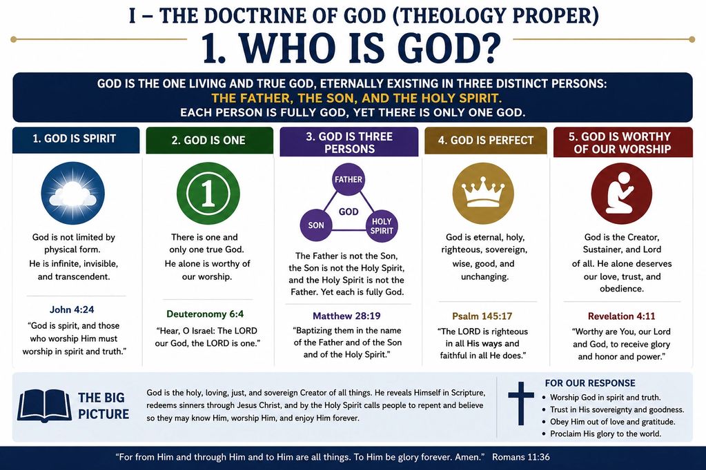 Overview of the doctrine of God highlighting His nature and attributes.