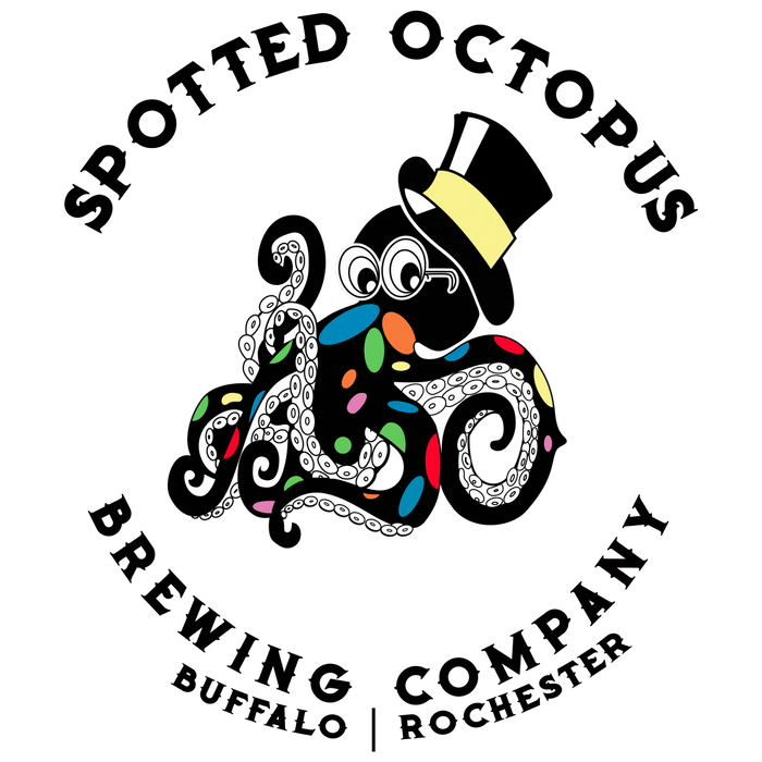 Colorful octopus with glasses and a hat, decorated with spots and suction cups.