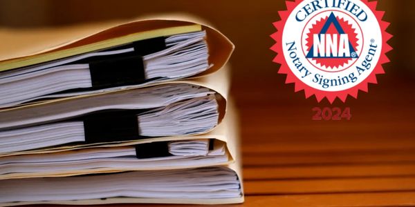 Stack of papers next to NNA Certified Notary Signing Agent 2024 badge and seal.