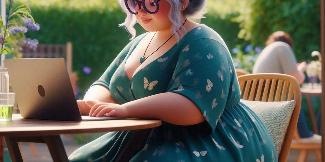A woman in a butterfly dress working on a laptop outdoors in a garden café.