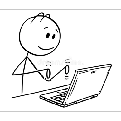 Stick figure happily typing on a laptop.