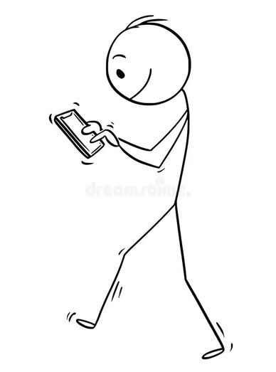 Stick figure walking while using a smartphone.