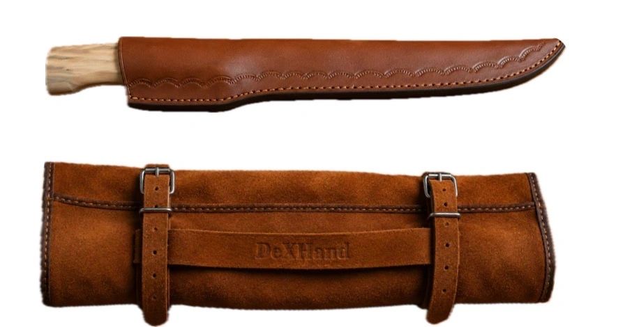 Leather knife sheath and brown suede knife roll.