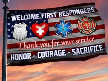 Flag honoring first responders with symbols and a thank you message.