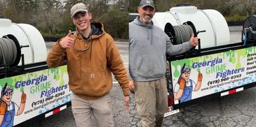 Eddy and Eddy, your local Georgia Grime Fighters with our sign, reel, and tank.