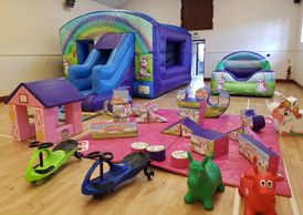 Ultimate Unicorn disco Slide castle with Huge Soft plat set, 2x didi cars, 2 x hoppers, plymouth