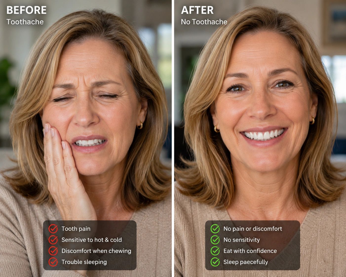 Before and after images showing relief from toothache.