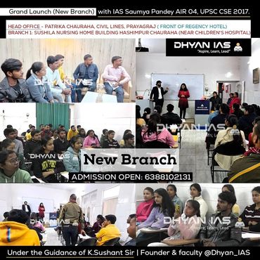 Grand launch of Dhyan IAS new branch with students and faculty in classroom settings.
