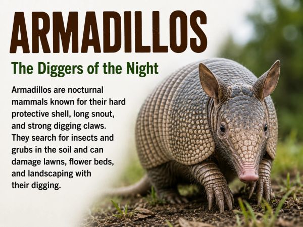An armadillo with a hard shell and long snout digging in soil at night.