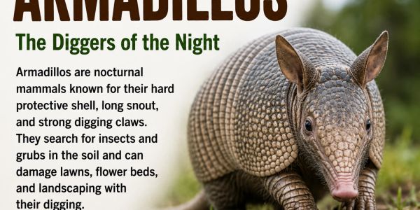 An armadillo with a hard shell and long snout digging in soil at night.