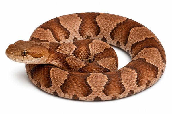 A coiled brown copperhead snake with distinctive patterns on white background.