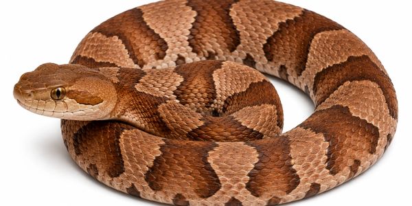 A coiled brown copperhead snake with distinctive patterns on white background.