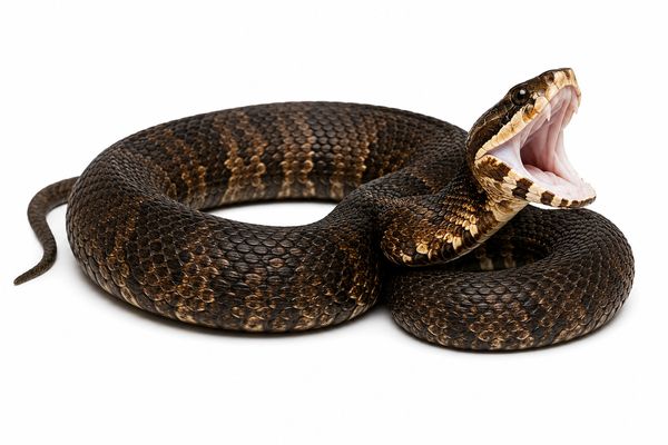 Coiled snake with open mouth on white background.