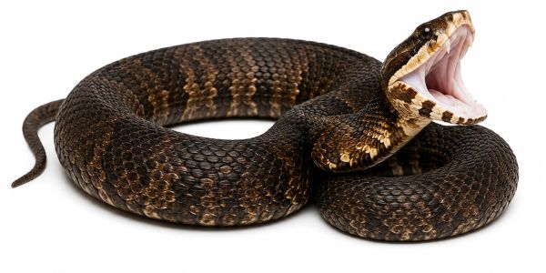 Coiled snake with open mouth on white background.