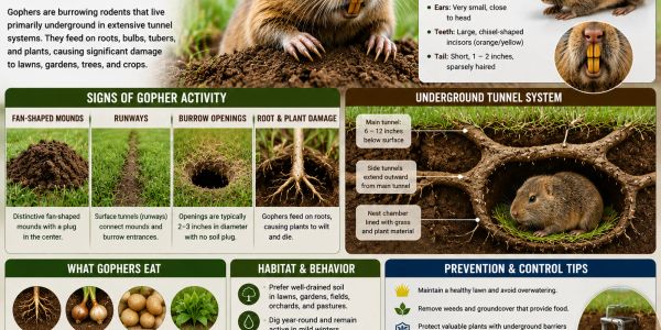 Informative infographic about gophers, their identification, behavior, and control.