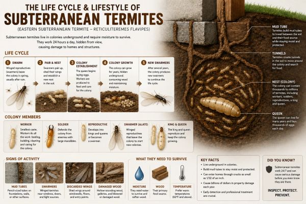 Infographic detailing the life cycle and lifestyle of subterranean termites.