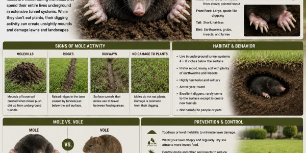 Infographic about moles, their habits, signs, and control methods.