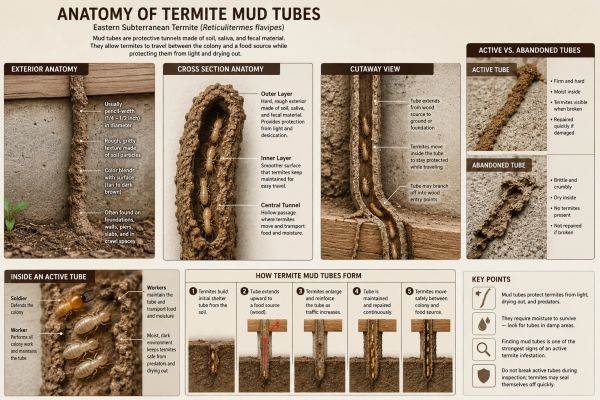 Detailed infographic explaining the structure and function of termite mud tubes.