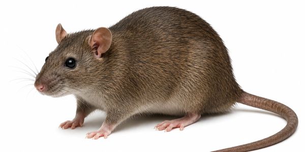 Close-up of a brown rat on a white background.