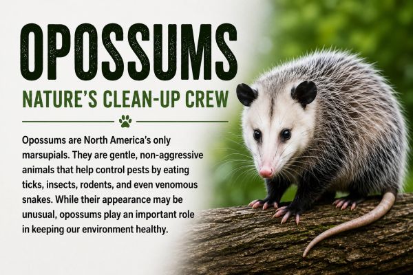 Opossums, North America's gentle marsupials, help control pests and maintain environmental health.