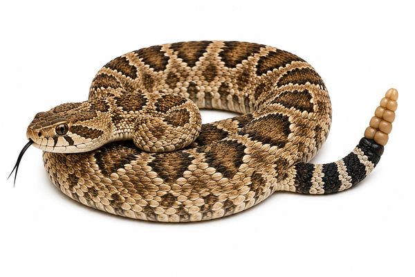 A coiled rattlesnake with a distinct rattle at the tail.