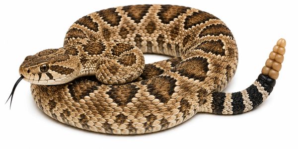 A coiled rattlesnake with a distinct rattle at the tail.