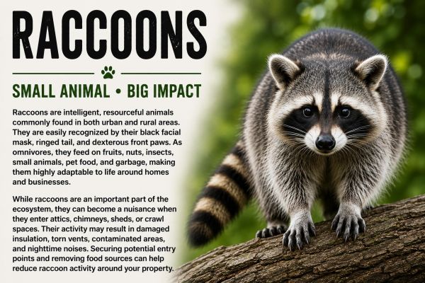 Informative poster about raccoons highlighting their intelligence and impact.