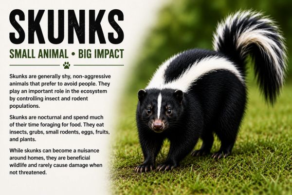 A skunk standing on grass with informative text about its behavior and ecological role.