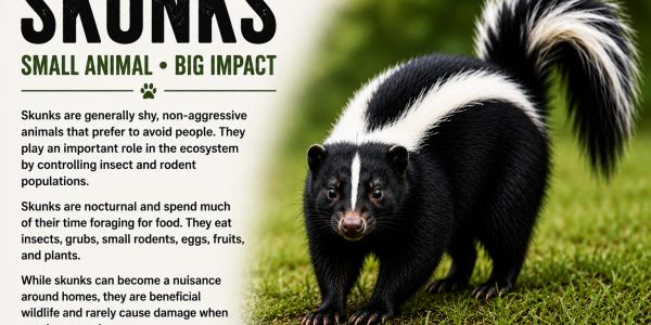 A skunk standing on grass with informative text about its behavior and ecological role.