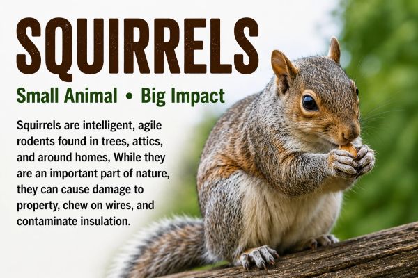 Squirrel perched on a branch with info about their intelligence and impact.