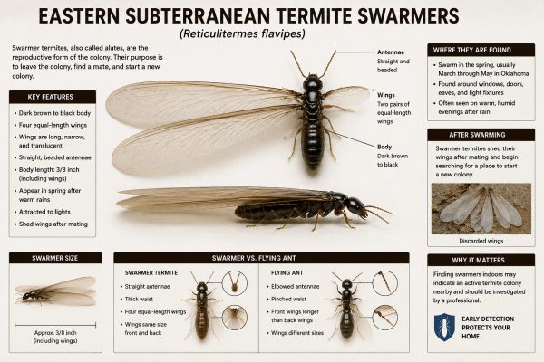 Detailed infographic of Eastern Subterranean Termite swarmers with key features and behaviors.