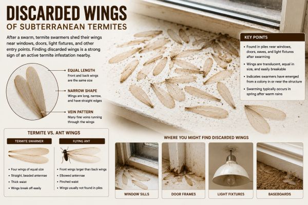 Discarded termite wings near windows indicate active termite infestation.