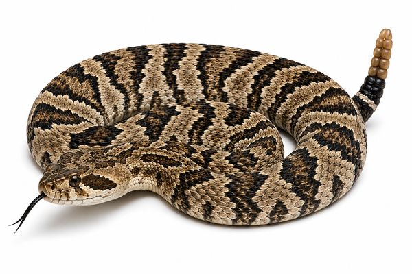 A coiled rattlesnake with a distinctive rattle at the tail tip.