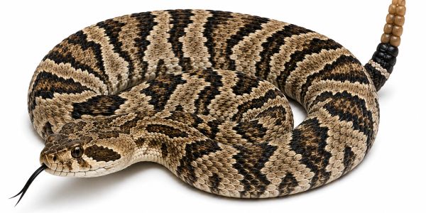 A coiled rattlesnake with a distinctive rattle at the tail tip.
