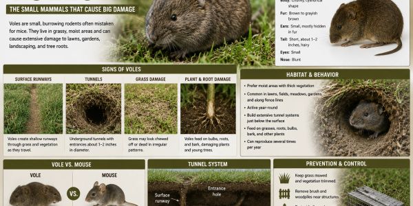 Informative vole infographic with images and control tips.