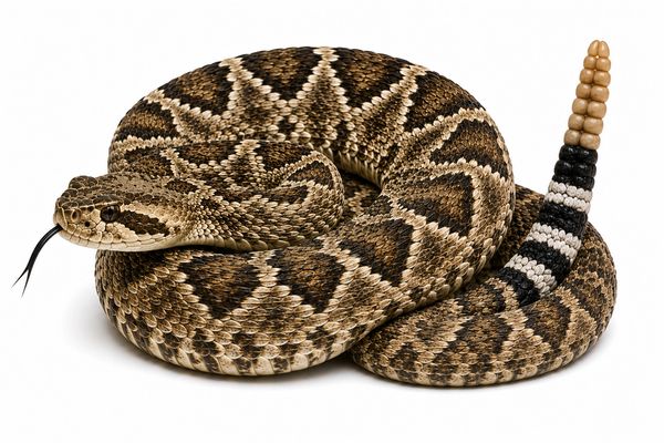 Coiled rattlesnake with distinct patterned scales and rattling tail.