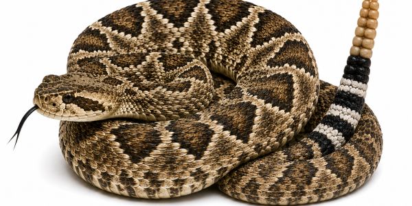 Coiled rattlesnake with distinct patterned scales and rattling tail.