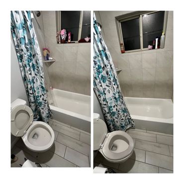 Two photos of a bathroom with a toilet and bathtub with floral shower curtains.