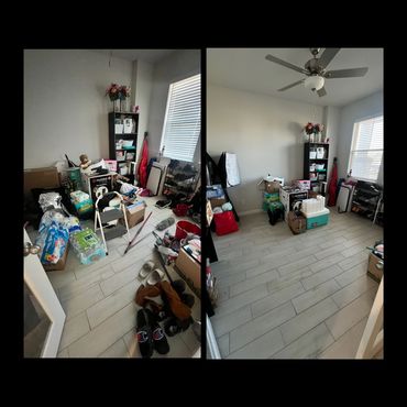 Two side-by-side photos showing a room before and after tidying up.