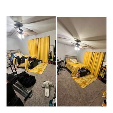 Bedroom before and after cleaning, featuring yellow curtains and bedding.